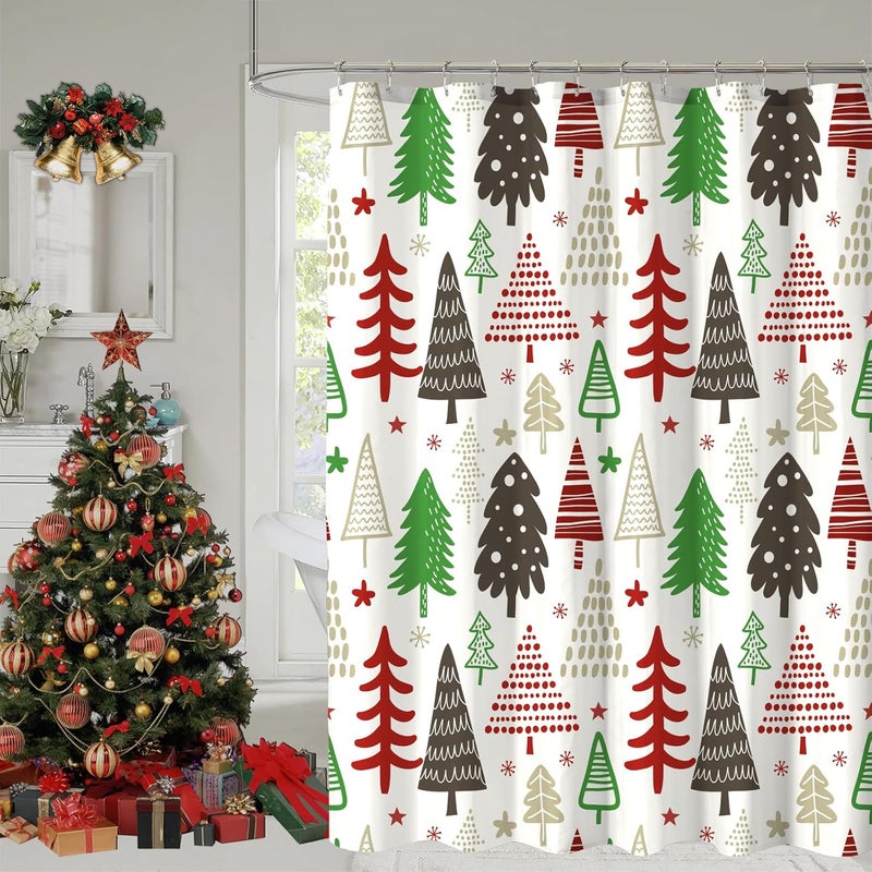 YOSTEV Christmas Shower Curtain, Colorful Christmas Tree Shower Curtains for Bathroom, Red Green Winter Holiday Shower Curtain, Merry Christmas Xmas Pine Fabric Cloth Bath Curtain, 72x72 Inch - Image 1